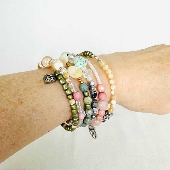 HANDMADE Memory wire Beaded Bracelet and Earring Set Sterling Silver Earwires - Picture 8 of 10